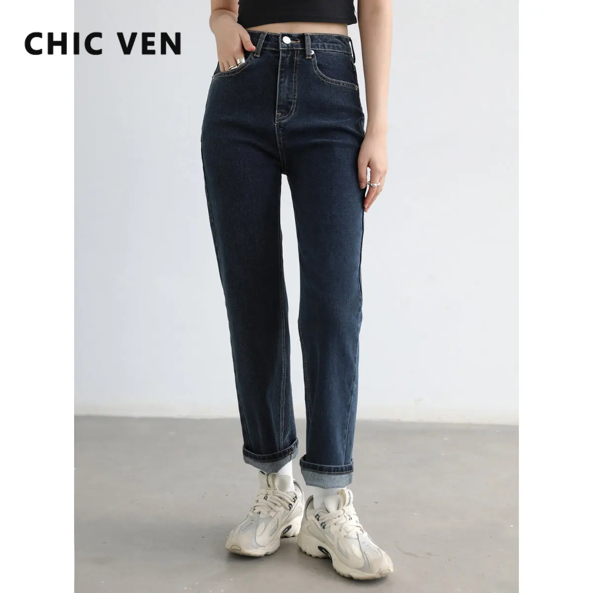 

CHIC VEN Women's Jeans Korean Casual High Waist Straight Cotton Denim Trousers for Female Woman Pants Autumn Winter 2022