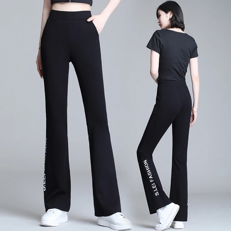 

Black Wide Leg Pant Women 2022 Summer Cotton Thin Letter Elastic Waist Straight Long Pants Streetwear Loose High Waist Trousers