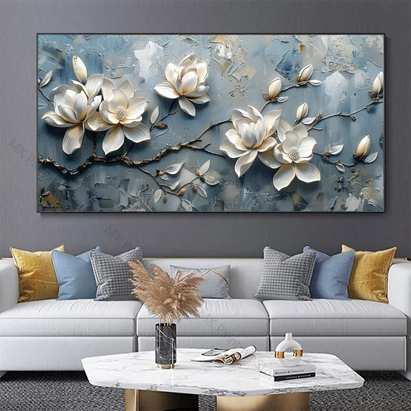 Абстрактная художественная 3D-картина белых цветов магнолии на сером фоне