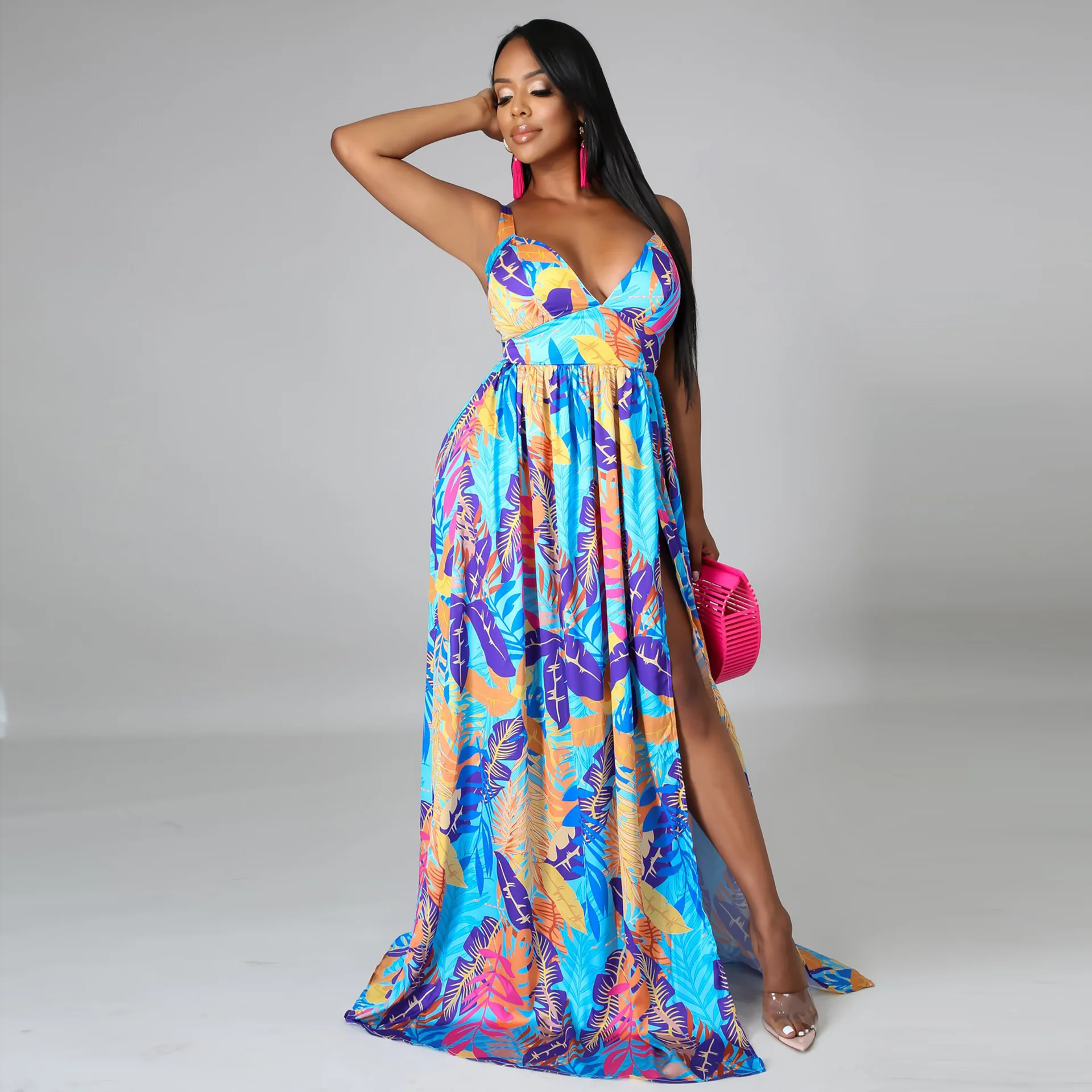 

trade women's tropical print high split beach skirt shoulder straps maxi dresses for women