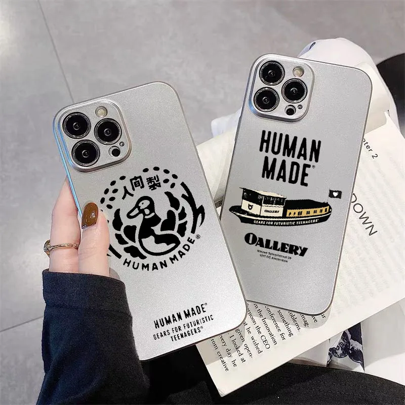 

Lens Protection Liquid Silicone Silver Case Luxury Brand HUMAN MADE Duck For iPhone13 12Mini 11Pro XsMax XR SE2020 7 8Plus Cover