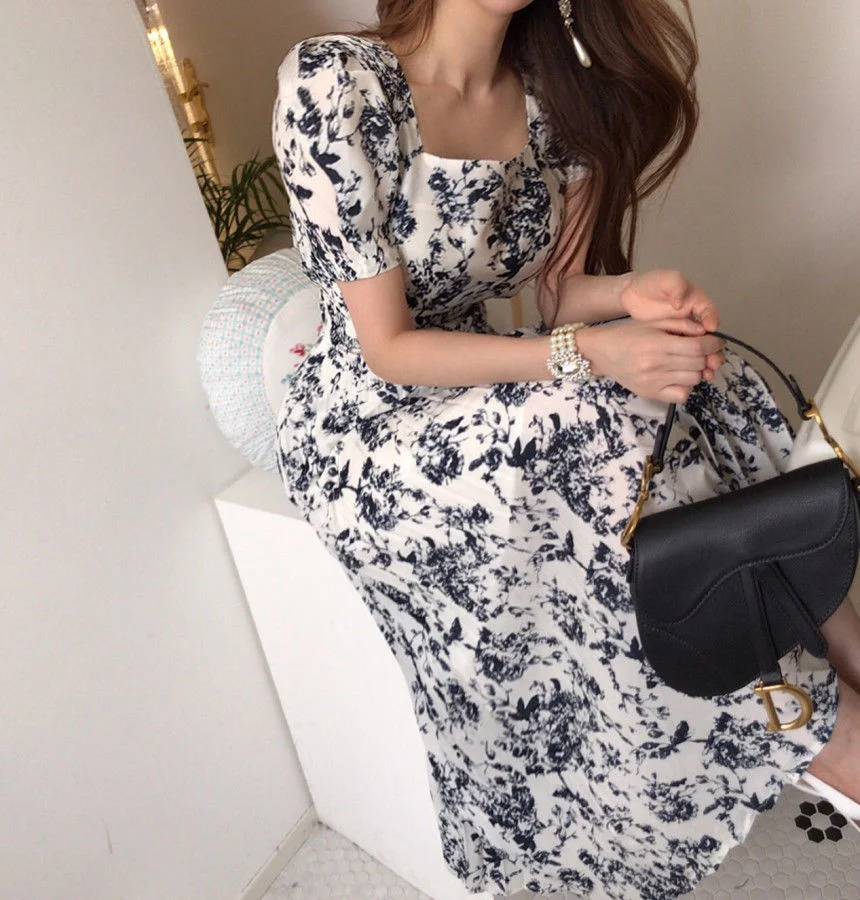 

square neck ink print pleated long dress summer short sleeve women