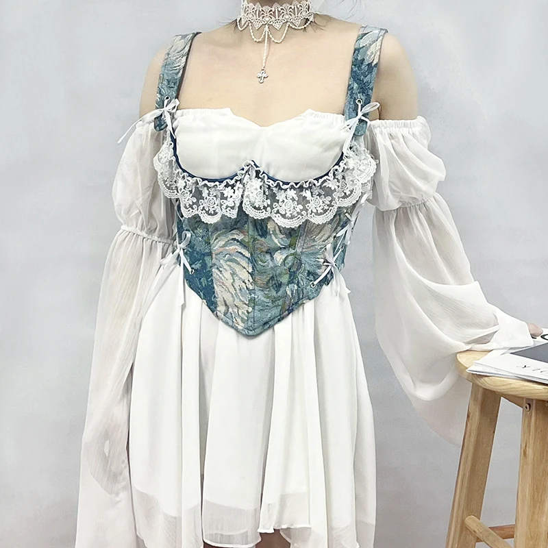 Женский корсет с вышивкой на завязках короткий топ в стиле панк бюстье топы