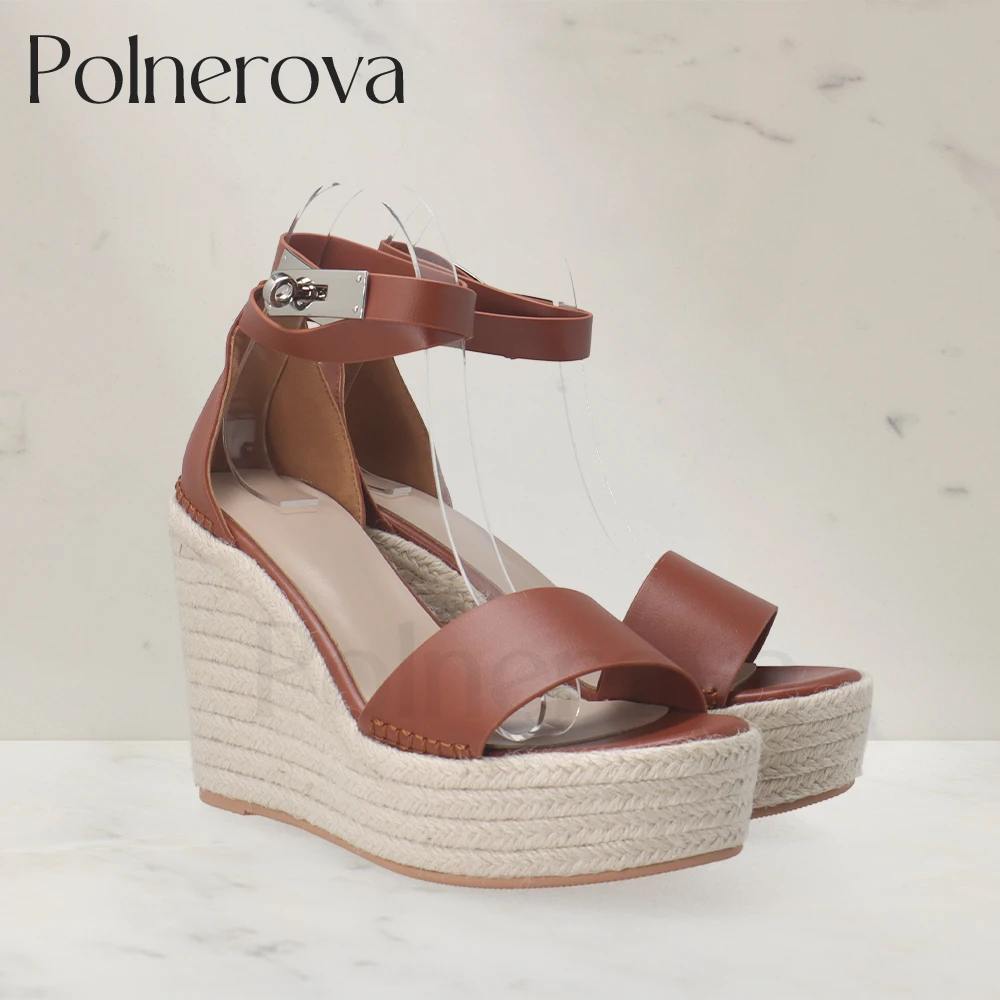 Designer Concise Style Espadrilles Solid Color Leather Wedge Sandals Metallic Buckle Platform Summer Shoes Custom Color Sandals