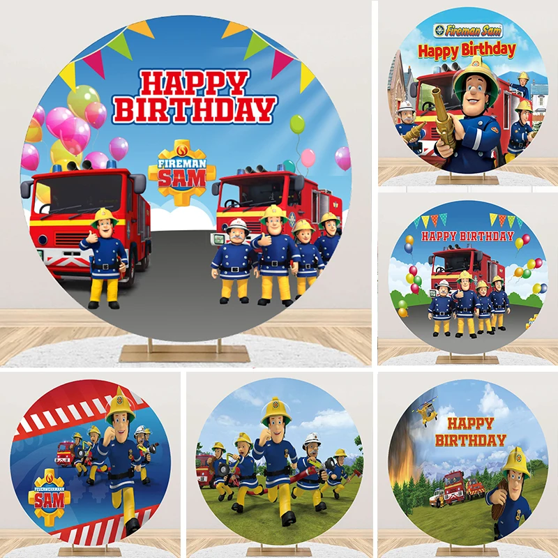 

Fireman Sammy Firefighter Round Backdrop Baby Shower Newborn Boy Birthday Party Photography Background Decor Props Circle Banner