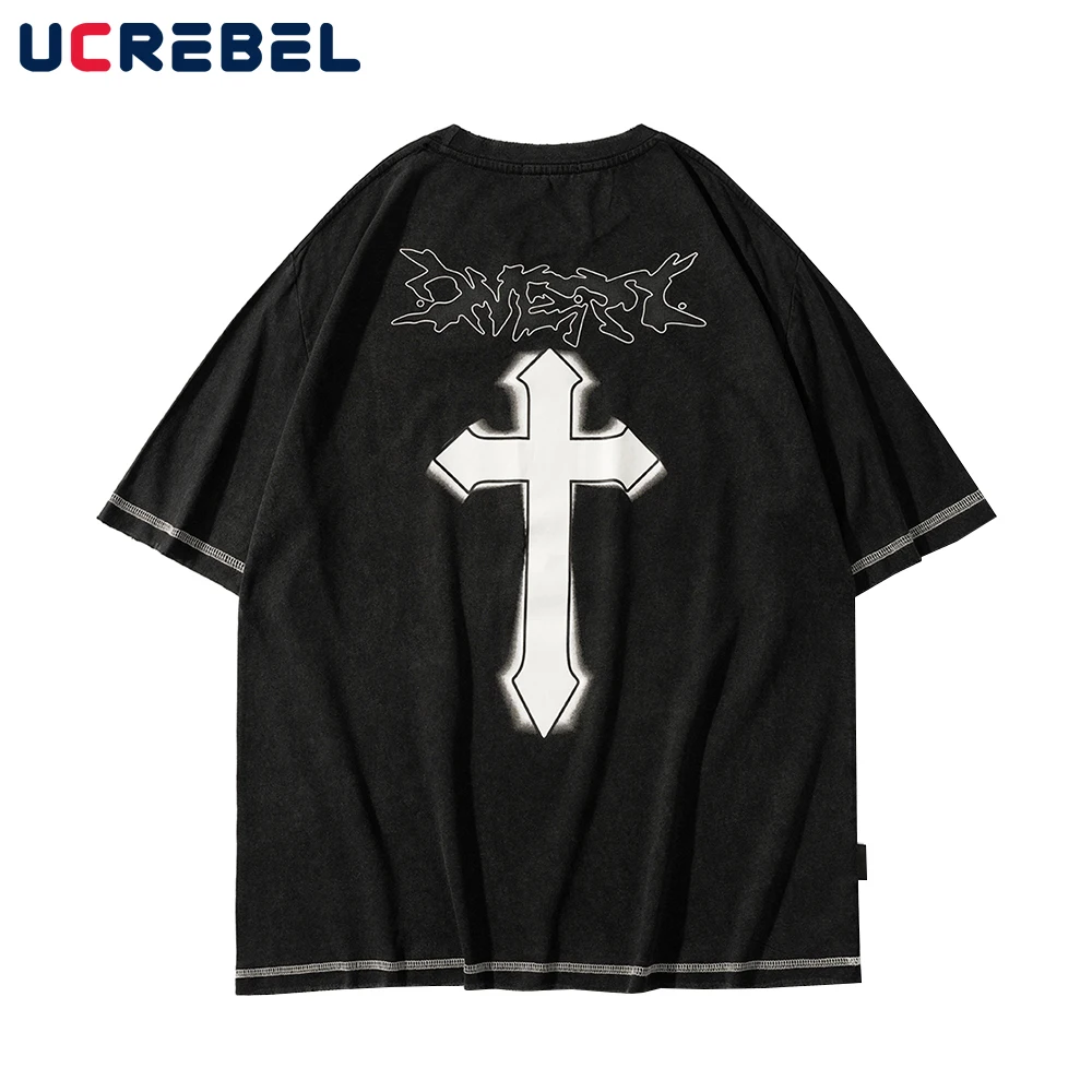 

Cross Print Short Sleeve T-shirt Mens Summer Punk Style Trendy Cotton Tee High Street Loose Casual Crew Neck Half-Sleeve Men