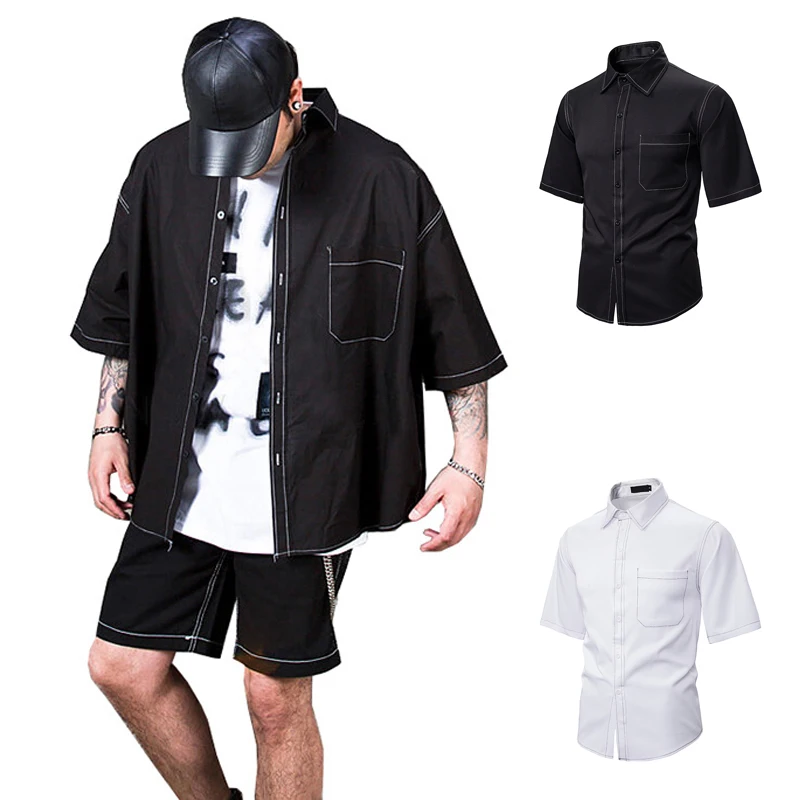 Рубашка мужская однотонная с коротким рукавом модная повседневная Уличная для