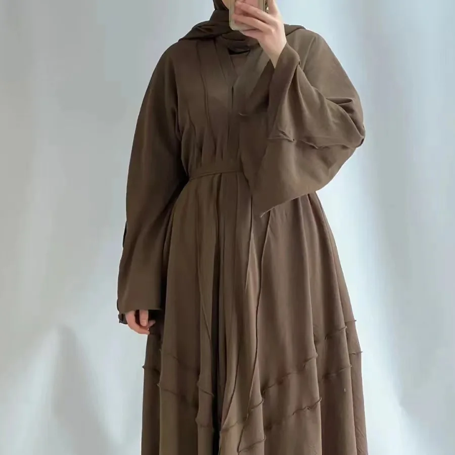 

2022 Dubai Middle East Malay Southeast Asia Solid Color Flowy Comfortable Long Dress Abayas with Belt for Muslim Women