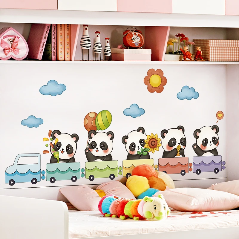 

Pandas Animals Wall Stickers DIY Clouds Train Wall Decal for Kids Room Baby Bedroom Kindergarten Nursery Home Decoration