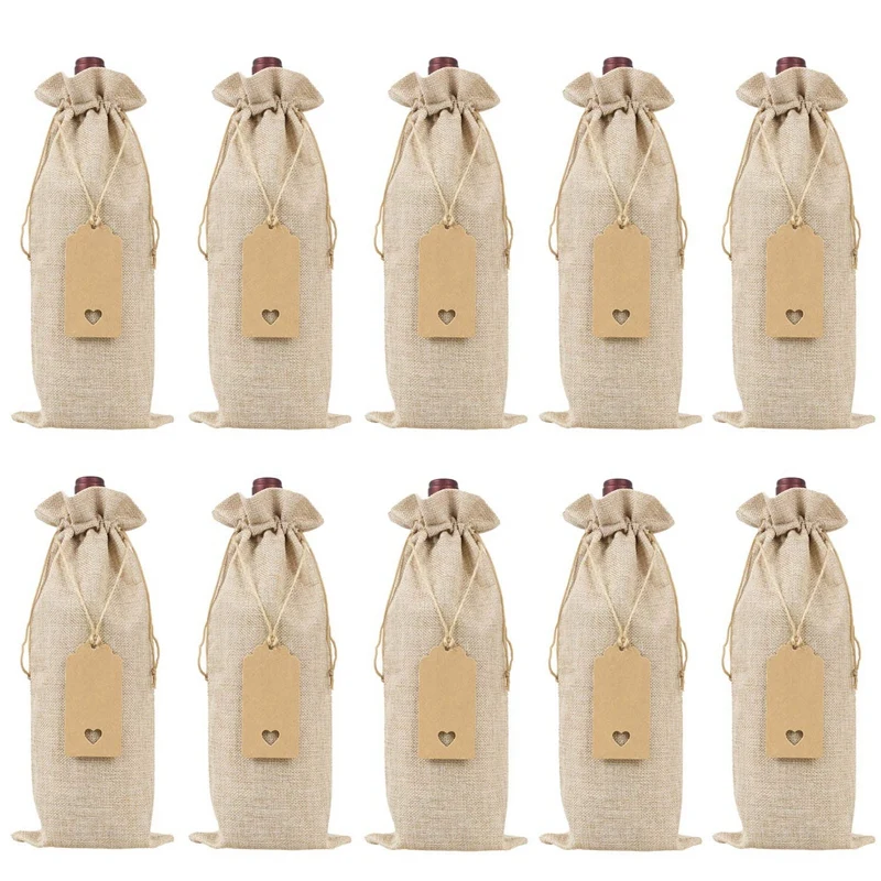 

Burlap Wine Bags Wine Gift Bags With Drawstrings, Single Reusable Wine Bottle Covers With Ropes And Tags (10 Pcs)
