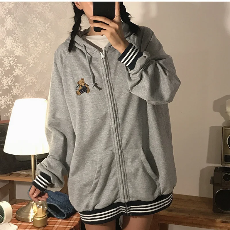 

Deeptown Kawaii Cute Bear Embroidery Gray Hoodies Women Korean Fashion Oversize Zip Up Sweatshirts Female Preppy Style Jackets
