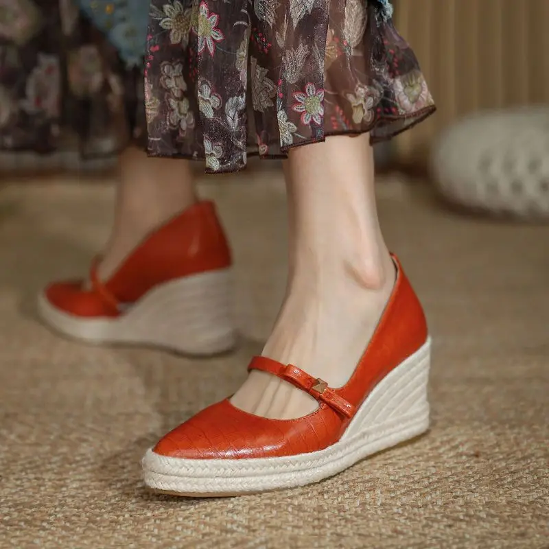 

FHANCHU 2023 Autumn Cowhide Leather Shoes,Women Pumps,Wedges Straw Heels,Front Strap,Shallow,Pointed Toe,Orange,35-42,Dropship