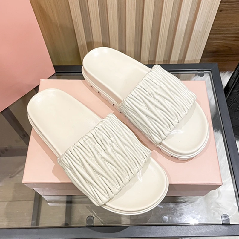 2023 Summer European and American New Pleated Height Increased Thick Slippers