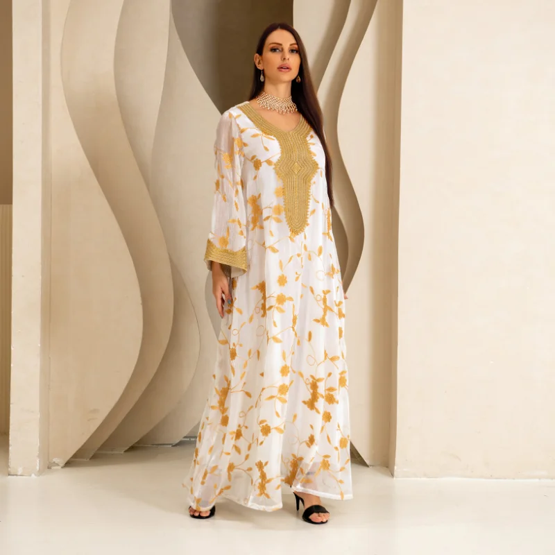 2023 Middle East Dubai Muslim Gown Dress Gauze Skirt Embroidered Gold Lace Gown Loose Gorgeous Evening Dress