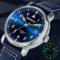 berny automatic watch men mechanical luminous army military vintage pilot watch sapphire waterproof 100m diver wristwatch men