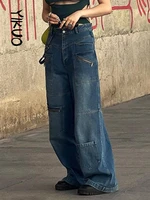 weiyao baggy cargo jeans woman low waist y2k wide leg pants zipper pockets stitch techpants korean fashion denim trousers 2022