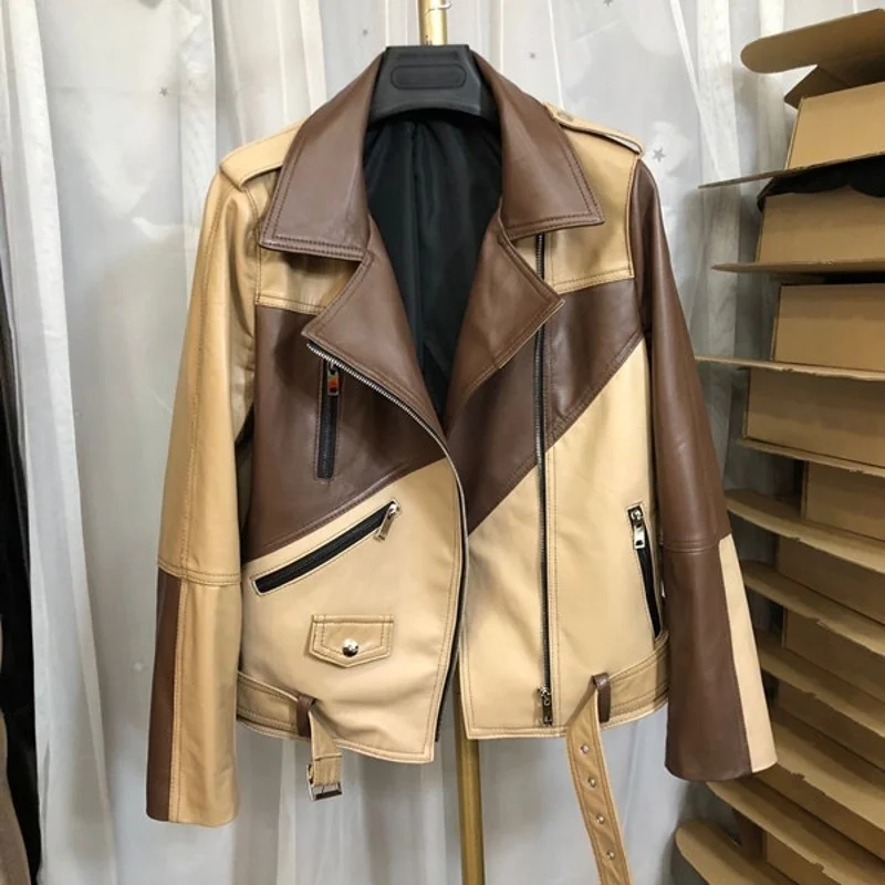 

New fashionable female colors Sheep leather jacket with panel short jacket with slim fit motorcycle jacket windproof jacket