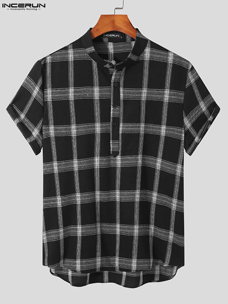 

Красивая Повседневная Новая мужская блузка на пуговицах, лидер продаж, мужская рубашка в клетку с воротником-стойкой и коротким рукавом, ор...