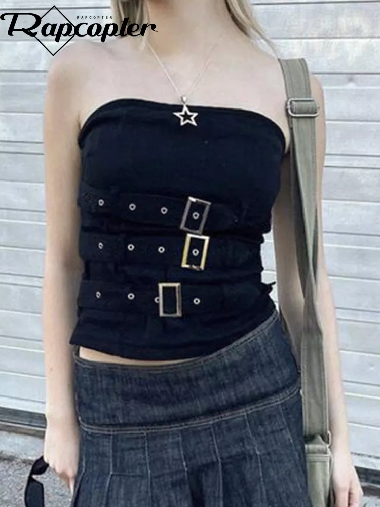Rapcopter Y2K Bandage Buckle Corset Top Black Punk Grunge Crop Top Gothic Retro Streetwear Mini Vest Women Fashion Sweats 90s