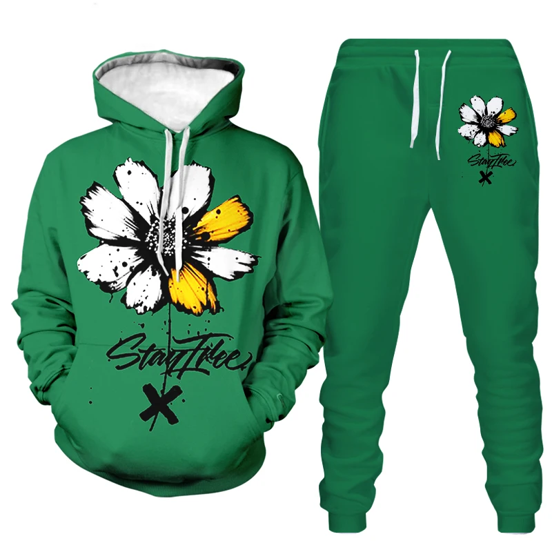 

3D printed two-piece fashion men's casual suit sports autumn/winter hoodie printed long sleeve trousers
