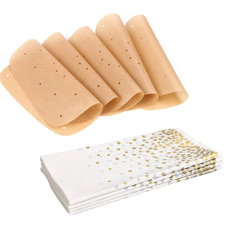 

8,5 дюймовая бумага для фритюрницы, перфорированная бумага для пергамента 150 шт. в 4 упаковках, одноразовая пластиковая скатерть в горошек зол...