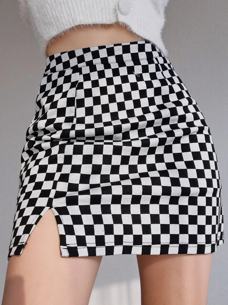 

Мини-юбка женская трапециевидная в клетку, с завышенной талией и Боковым Разрезом