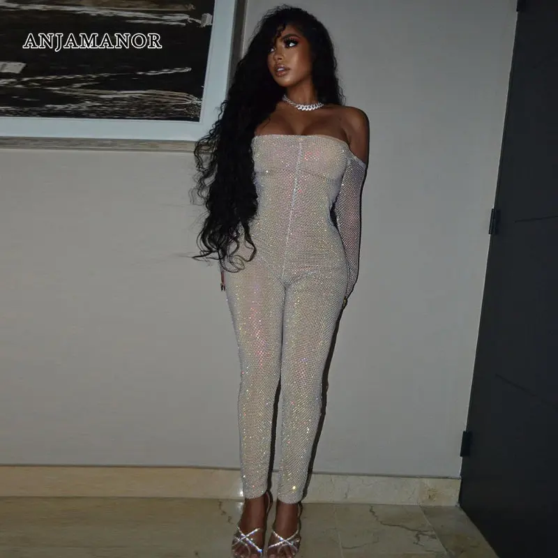 

ANJAMANOR Glitter Mesh Jumpsuits See Through Off Shoulder Sexy Birthday Outfits Women Party Night Club Wear Transparent D82-BF13