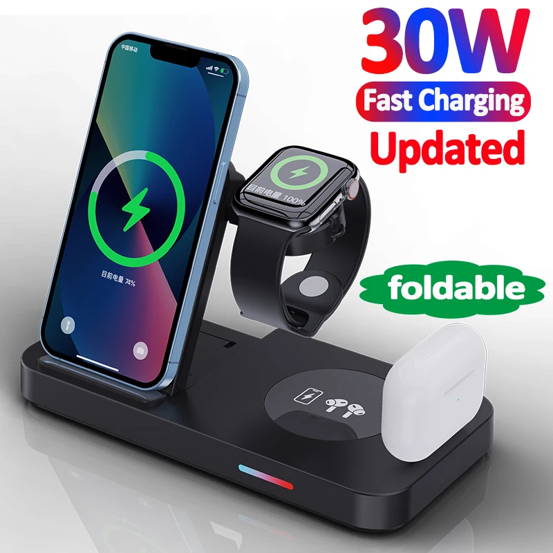 

30W Wireless Charger Stand Qi Fast Charging Dock Station For Apple Watch Samsung Huawei iPhone 14 13 12 Pro Max AirPods Earbuds