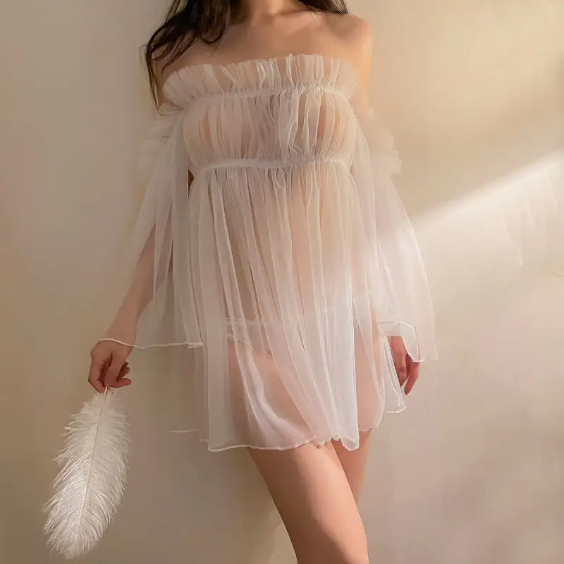

Sexy White Short Mesh Nightgown Lady Slash Neck Tempt Perspective Nightdress Sweet Ruffles Sleepdress Seduction Home Sleepwear