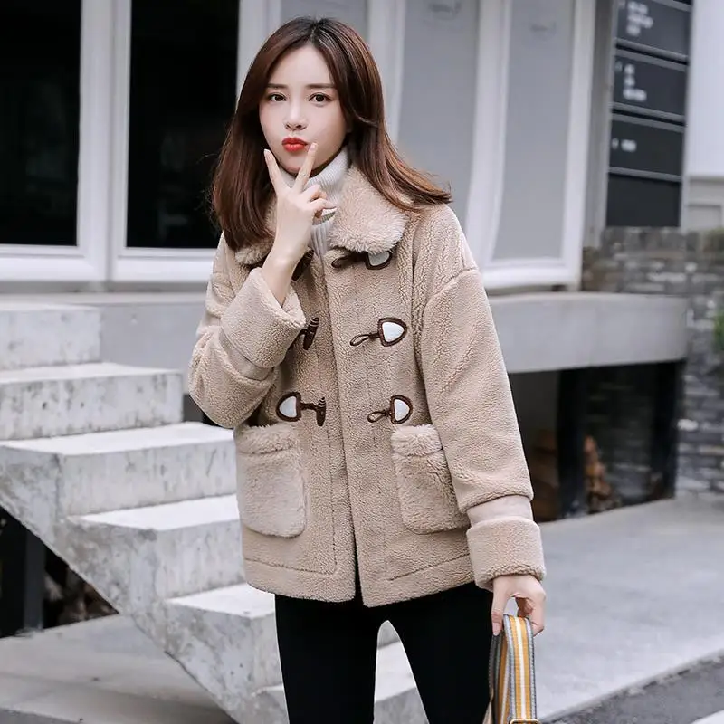 tendy fur brown button short Jacket Women Faux Fur Coat Autumn Winter Imitation Fur Coat Short Women Veste Femme cute vintage