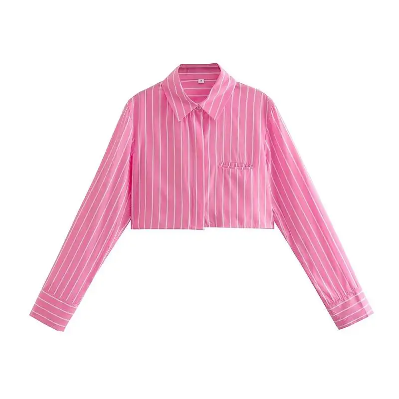 

MESTTRAF 2022 French Design Sexy Stripe Hidden Buttons Short Blouses Vintage Long Sleeve Lapel Female Shirts Chic Tops