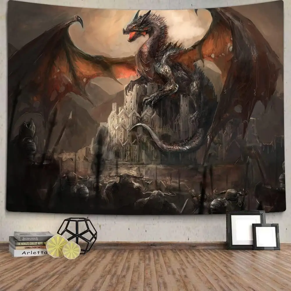 Tapestry, Dragon and Medieval Castle Tapestry Wall Hanging, Gothic Theme Tapestry for Bedroom Living Room Dorm Decor