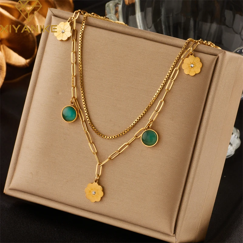 

XIYANIKE 316L Stainless Steel Woman Necklace Vintage Style Dark Green Enamel Decoration Necklace Women High Quality Lady Jewelry