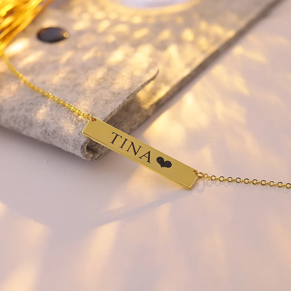 Classic S925 Silver Custom Engraving Letter Name Necklace Personalize Long Strip Bar Shape Gifts Women Party Jewelry