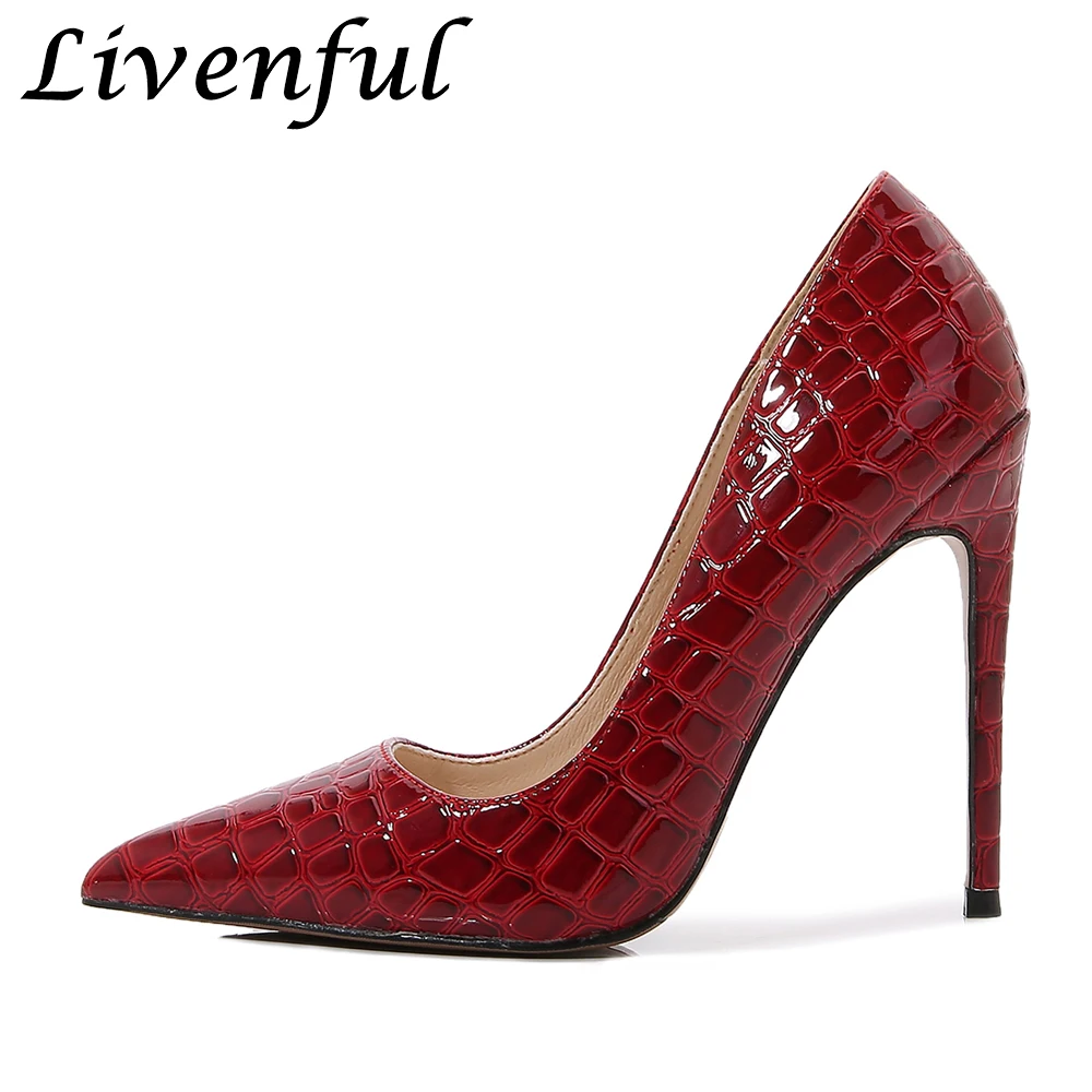 

Classic 12cm Crocodile Print Sexy Red Stilettos Women Pumps Extreme High Heels Pointed Toe Model Show Party Shoes Plus Size 46