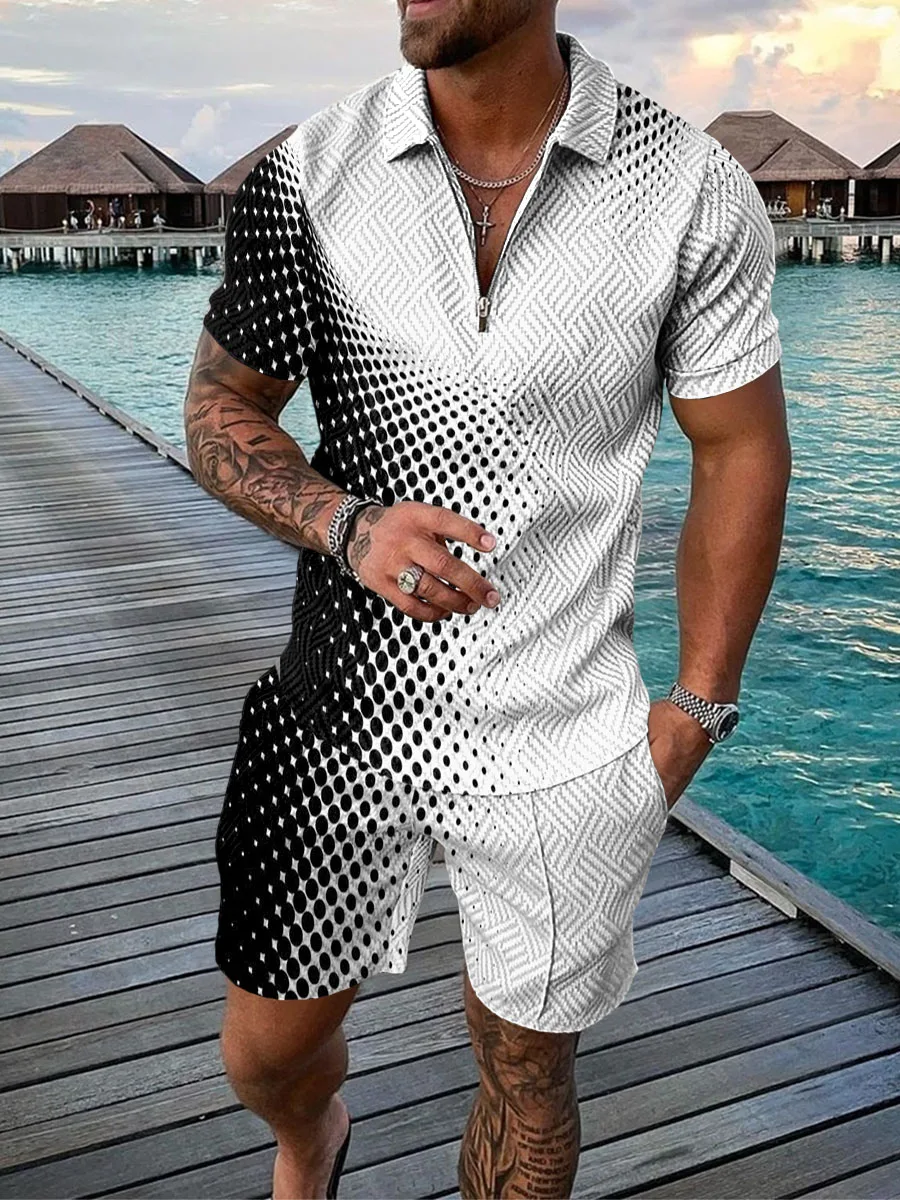 Men Hawaii Casual Printed High Quality Fashion Outfits Men Summer Tracksuit Set Zipper Polo Shirt Oversized 2 Piece Sets For