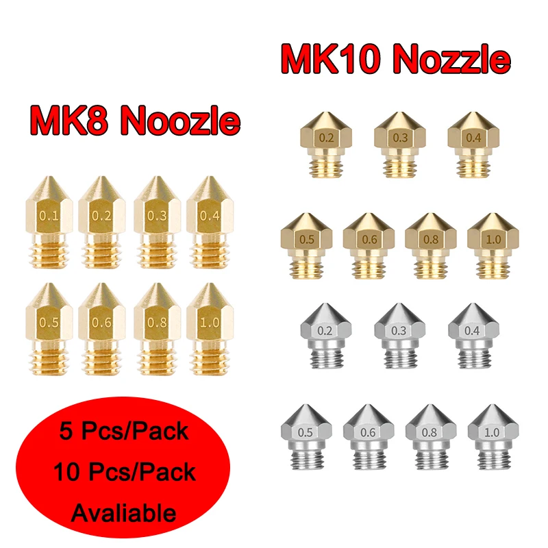 

MK8 MK10 Nozzles 0.1mm/0.2mm/0.3mm/0.4mm/0.5mm/0.6mm/0.8mm/1.0mm Brass M6/M7 Thread For 1.75mm/3mm Filament 3D Printer Parts