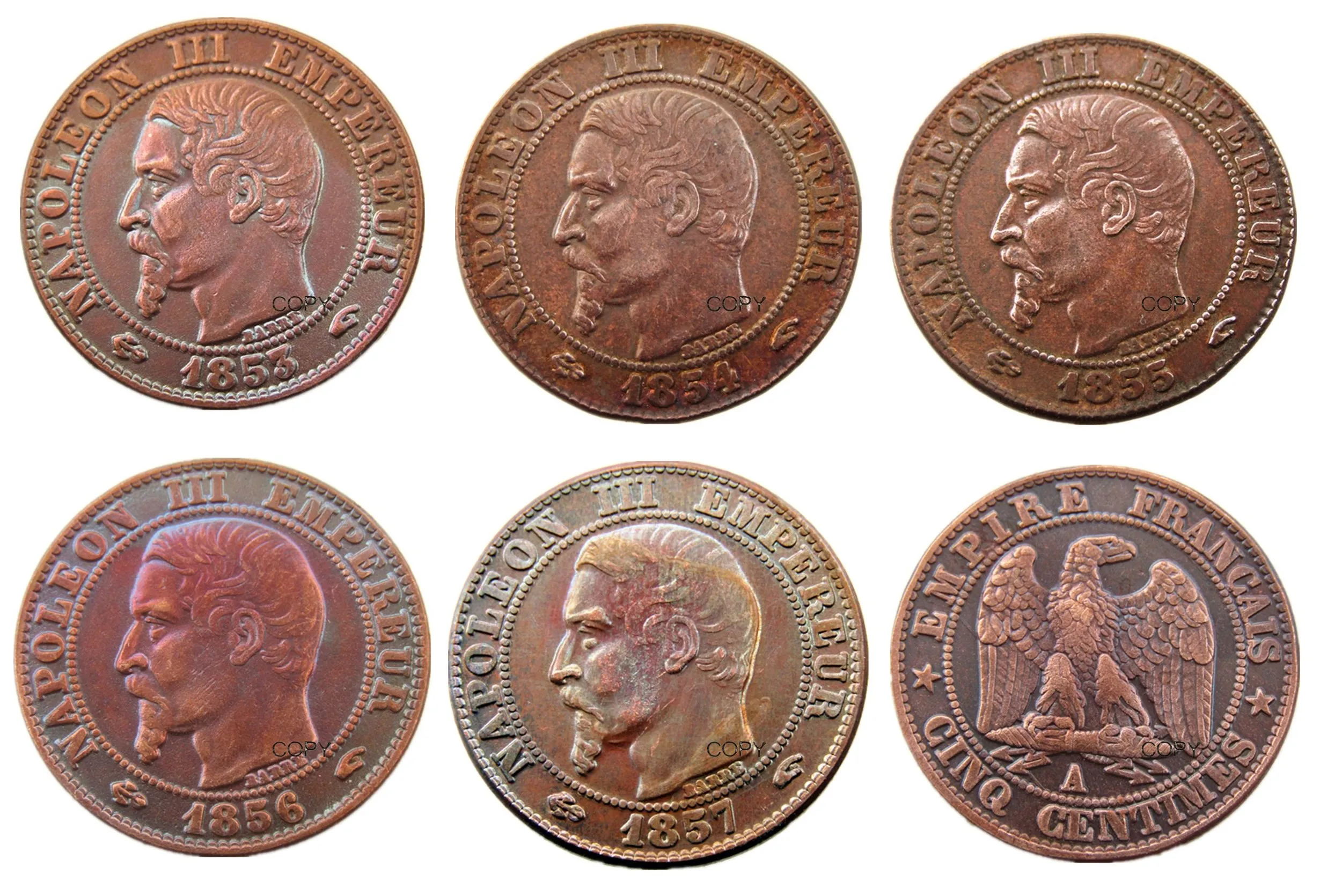 Франция набор (1853-1857) 5 шт. 5 центов 100% Медные копировальные монеты
