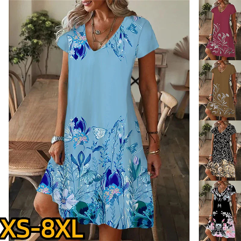 

Женская юбка до колен, повседневная облегающая юбка с V-образным вырезом и коротким рукавом, летняя юбка средней длины с принтом, новинка 2023