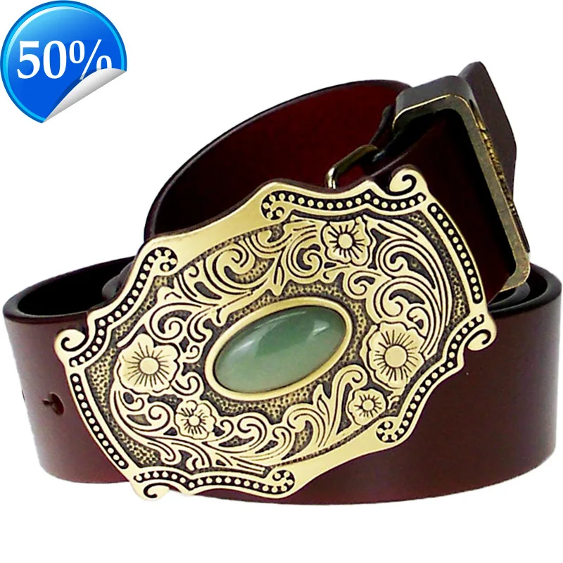 Top Cow genuine leather belts for men Copper buckle Tang Grass Grain Jade Brass Plate Buckle Ancient High quality Male Belt