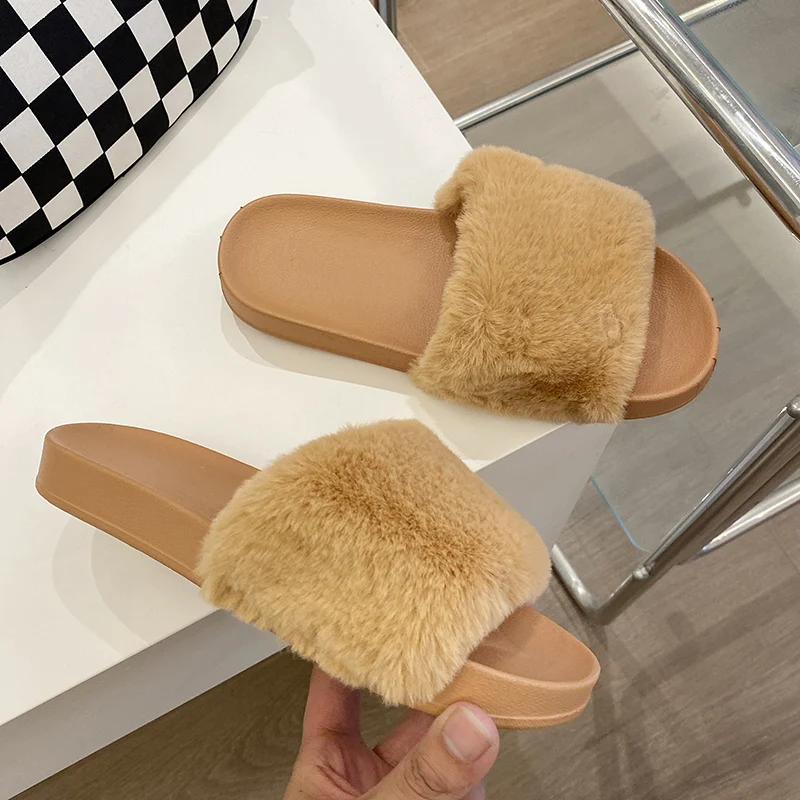 Women Summer Fur Slippers Flat Non-slip Wear-resistant Solid Fluffy Fur Slides Fluffy Slippers Ladies Shoes Woman Home Slipper