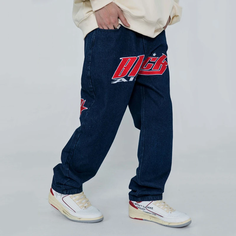 

Hip Hop Baggy Jeans 2022 Men Embroidery Letter Harajuku Streetwear Loose Blue Denim Jeans Oversized Casual Straight Jeans White