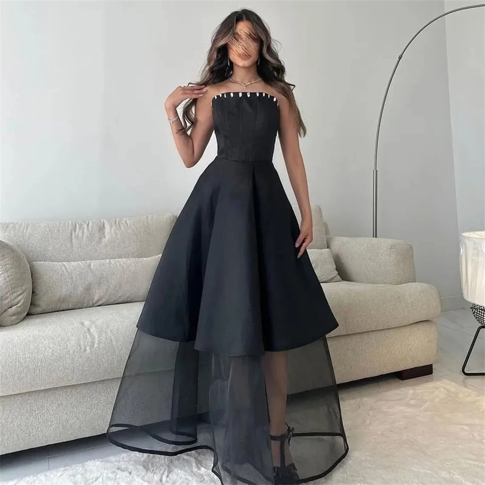 

Fashion Strapless Black A-Line Satin Formal Occasion Prom Dresses Tulle Floor-length Women Evening Party Dress فساتين السهرة