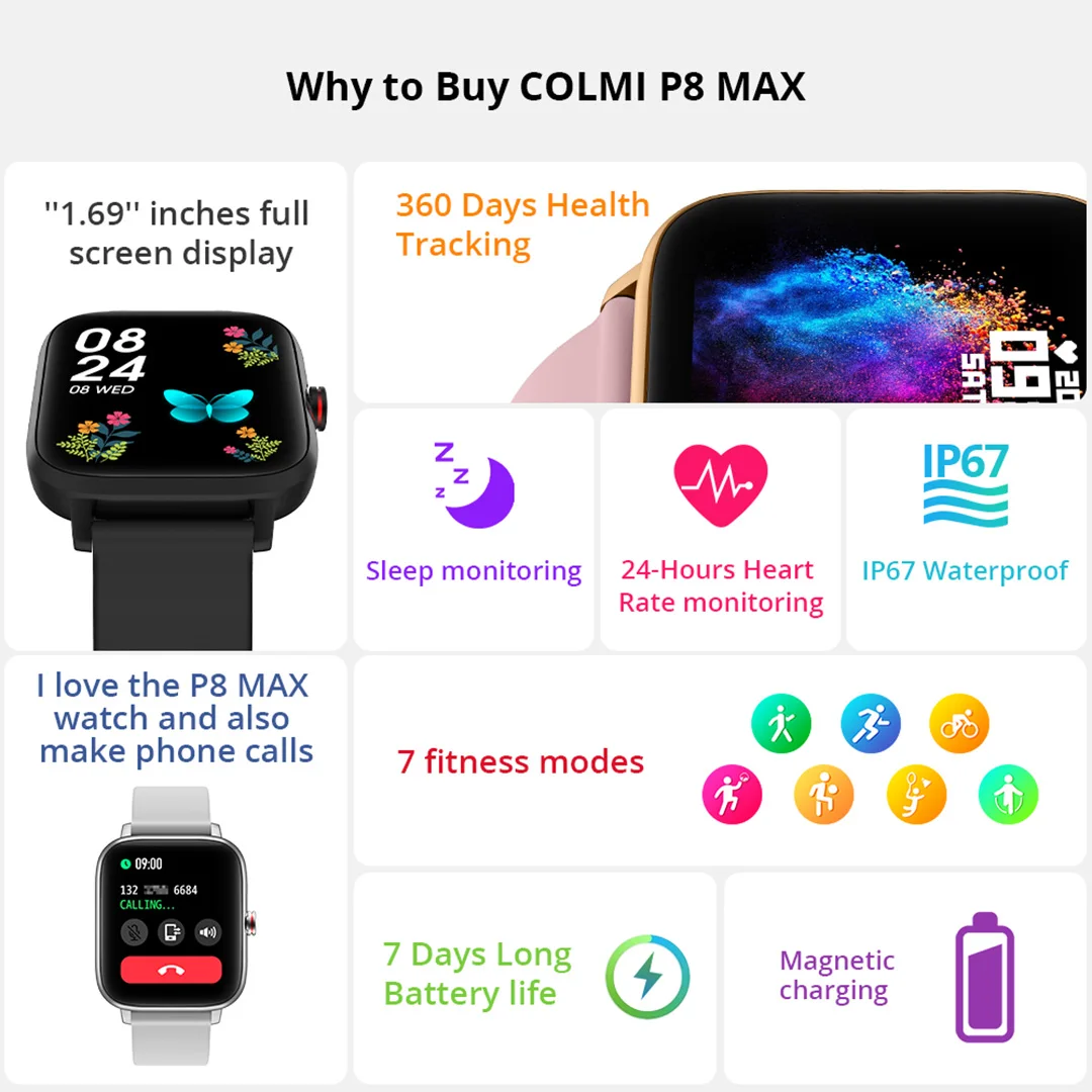 colmi 2022 bluetooth answer call smartwatch men p8 max smart watch women diy dial sleep tracker for android ios phone free global shipping