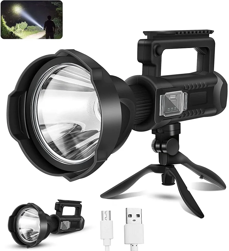 

Super Bright Led Searchlight Rechargeable Spotlight Flashlight High Lumens with Tripod USB Output Waterproof Handheld Spotlight