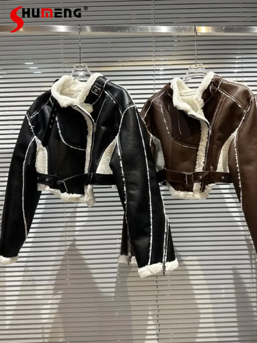 2022 Winter New Buckle Fur Moto Leather Jacket Women Stand Collar Long Sleeve Fleece Warm Pu Leather Coat Outerwear High Street