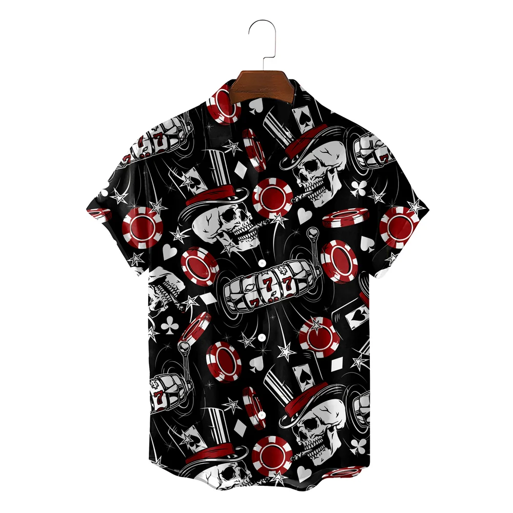 

Гавайская рубашка для мужчин, уютная пляжная блузка с принтом черепа, пик, покерная рубашка, на пуговицах, лето