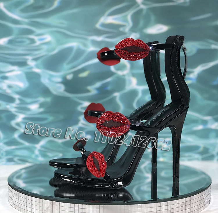 Sexy Lip Rhinestone High Heels Round Toe Patent Leather Back Zipper Sandals Stiletto Fashion Summer Party Wedding Women's Shoes