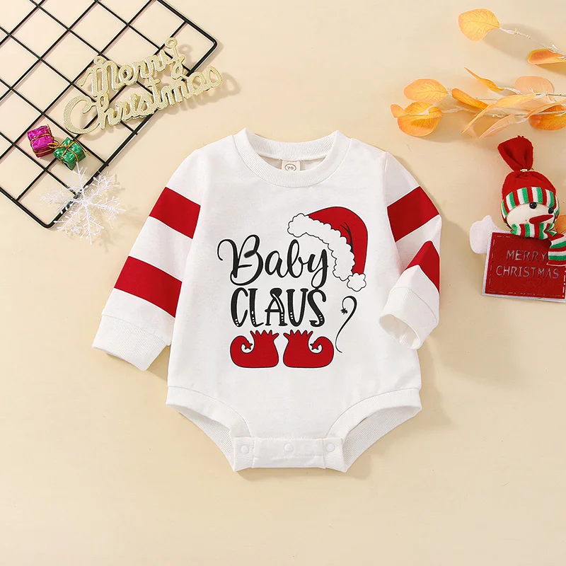 

Christmas Toddler Baby Rompers Casual Letter Print Contrast Color Long Sleeve Sweatshirt Jumpsuit Xmas Girl Boy Outfits