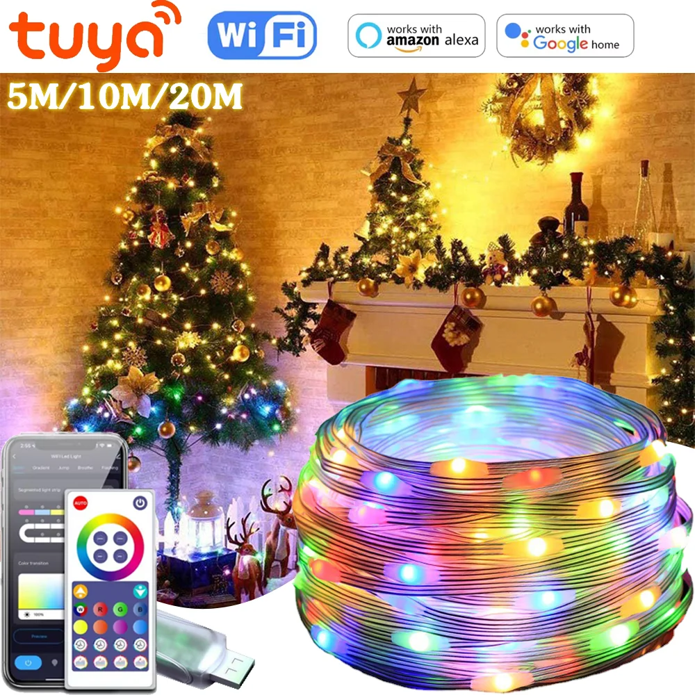 

Tuya WIFI USB 5V RGBIC Pixel String Light Рождественский гирляндный светильник 5M 10M 20M Tuya APP Пульт дистанционного управ...